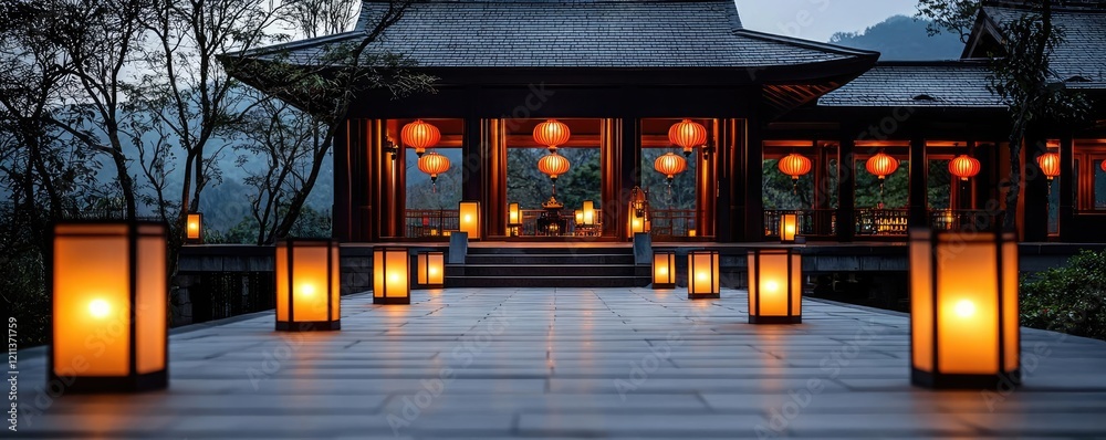 Poster chinese new year celebration idea. scenic view of a serene pavilion lit by glowing lanterns in a tra