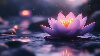 Glowing Purple Lotus Flower Blooms in Dark Water