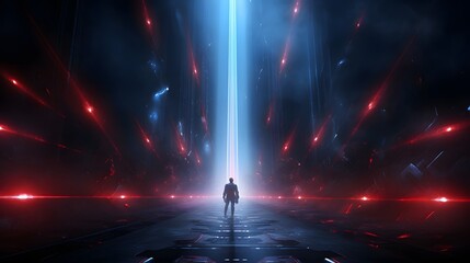 Intersecting red and blue laser beams cutting through a dynamic futuristic sci fi atmosphere with vibrant colors and abstract patterns  This image creates a sense of high tech energy power