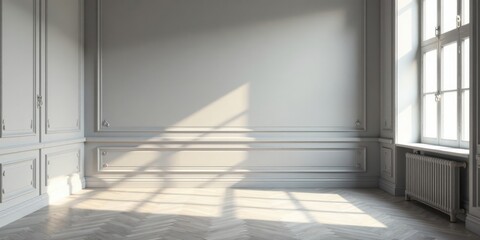 Obraz premium Sunlit Elegance A Serene Empty Room with Classic Paneling and Herringbone Floor
