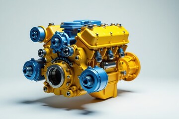 Obraz premium A Detailed Closeup of a Vibrant Yellow and Blue Internal Combustion Engine, Showcasing Intricate Mechanical Components and Precise Engineering