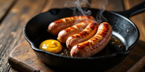 Savory Grilled Sausages Sizzling in a Cast Iron Pan with a Side of Mustard