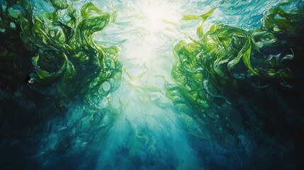 green seaweed and kelp, creating a dense, flowing tapestry, illuminated by sunlight filtering through azure waters