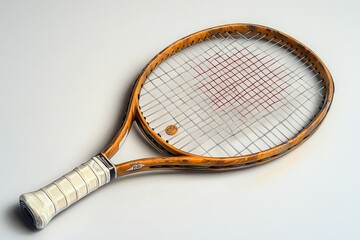Vintage wooden tennis racket, worn grip.