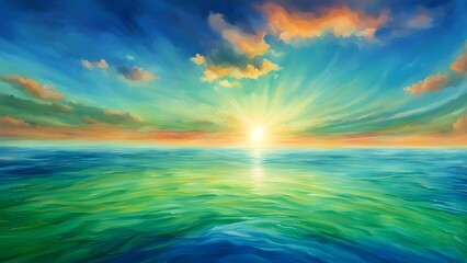 Obraz premium Vibrant digital painting of a sun rising over a calm, teal ocean under a colorful sky.