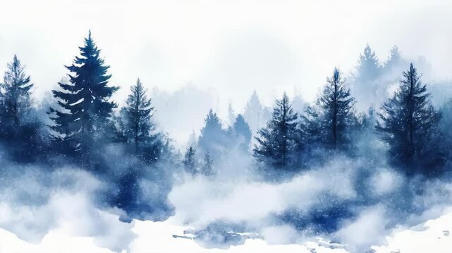 Snowy forest transformation: misty pines and falling snowflakes in wintertime
