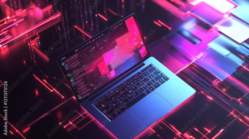 Wall mural neon digital landscape with laptop: coding in a futuristic setting