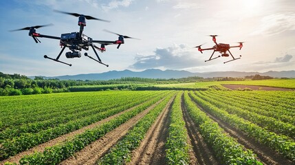 Robotic agriculture drone fleet, rural farming landscape with agricultural drones and crops, High-tech style