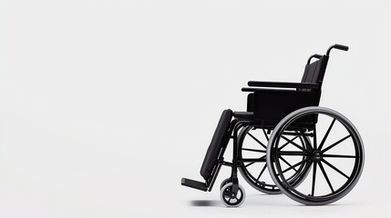 An empty black wheelchair positioned against a minimalist white background, symbolizing mobility and independence for individuals.