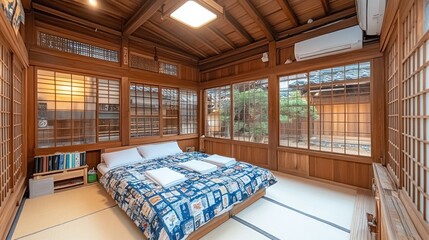 Naklejka premium Serene Japanese-Style Bedroom with Garden Views