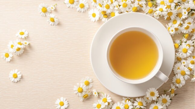 A white cup of chamomile tea on a saucer, surrounded by fresh chamomile flowers on a light wood background. Concept of relaxation and herbal drinks. Ai generative