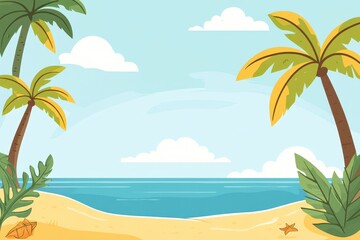 Fototapeta premium Tropical Beach Scene with Clear Blue Sky and Lush Palm Trees Framing a Serene Ocean View, Ideal for Summertime and Vacation Destinations