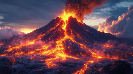 A breathtaking view of an erupting volcano with flowing lava and dramatic clouds.