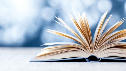 Fototapeta premium Open book pages on table, blurred background, knowledge concept, education