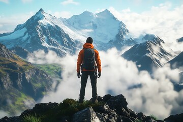 Determined mountaineer atop a snow-capped peak, overlooking a vast landscape.