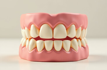 Fototapeta premium false teeth on a light monochrome background. the concept of substitution in medicine