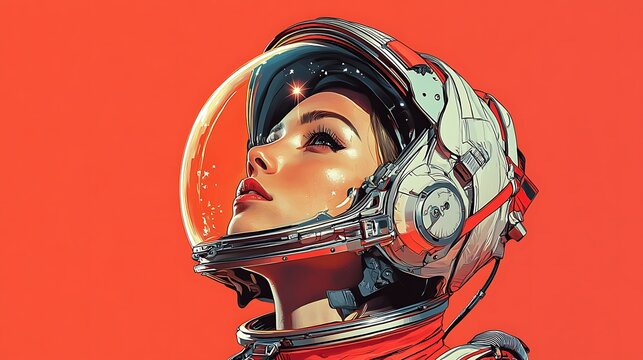 Bold pop art portrait of a trailblazing female astronaut, with a futuristic spacesuit, stars in her eyes, and a determination to reach for the stars, symbolizing the triumph of human exploration 