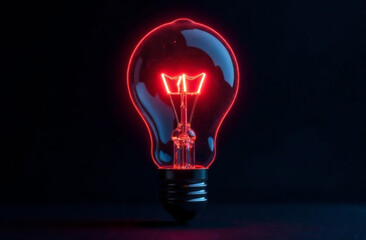The bright light bulb glows in red-orange neon on a black background, symbolizing creativity and innovative ideas.