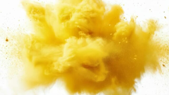 Yellow powder burst exploding in slow motion against white background