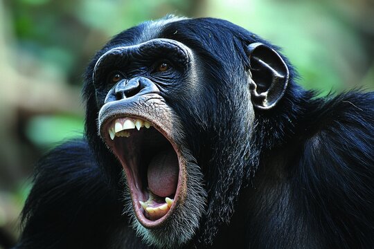 Majestic chimpanzee vocalizing in the lush jungle during the early afternoon