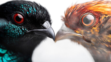 A Close-Up of Two Birds with Vibrant Colors and Intense Eyes