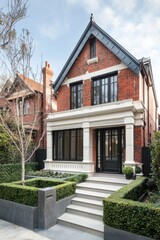 A charming red brick house featuring classic architectural details stands gracefully amidst a beautifully landscaped garden in a serene suburban neighborhood.