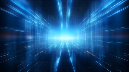 Mesmerizing abstract background with a glowing grid of intersecting blue laser beams against a dark room backdrop creating a futuristic and technological visual effect
