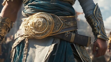 Close-up of ornate golden belt, warrior attire,  medieval fantasy,  battle, 