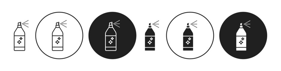 Sanitizing spray bottle icons set in black filled and stroke line style