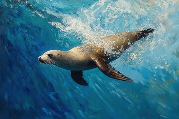 Obraz premium sea lion dives beneath the ocean surface, its body cutting through the water with precision and agility.