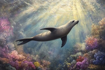 Obraz premium sea lion glides effortlessly through the clear ocean waters, its streamlined body moving with fluid motion.