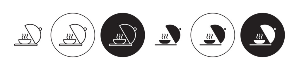 Tray of food icons set in black filled and stroke line style
