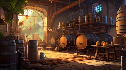 Naklejka premium Brewery with Wooden Barrels and Assorted Brewing Equipment in an Industrial Factory Setting Showcasing the Production and Storage Process of Craft Beverages