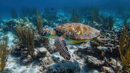 sea turtle peacefully navigating its aquatic world, the fine details of its flippers and shell shining against the deep blue sea