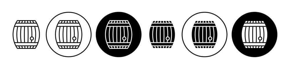 Wooden barrel icons set in black filled and stroke line style