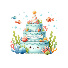 A whimsical birthday cake decorated with ocean themes featuring coral, fish, and a cheerful design for celebrations.