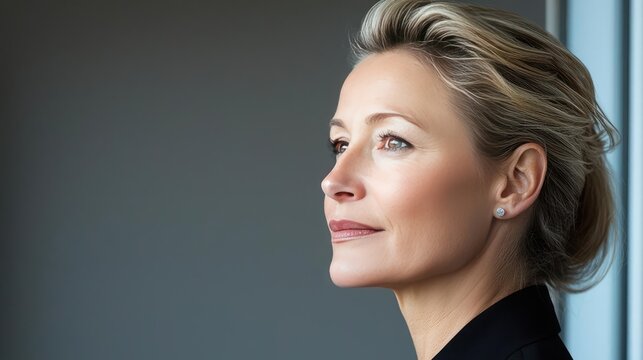 Women leadership concept. A confident woman gazes thoughtfully out of a window, embodying empowerment and grace.