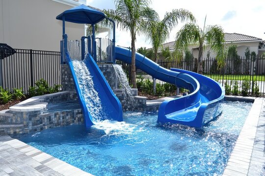 Vibrant and Inviting Backyard Swimming Pool with Blue Water Slides Surrounded by Green Palm Trees and a Modern Fence for Family Fun and Relaxation