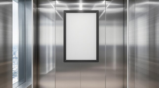 Large blank white advertising panel framed ininside a modern metallic elevator with a city view from a window. Concept of clean design. Ai generative