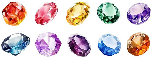 Fototapeta premium Collection set watercolor sparkling gemstones in vibrant colors and faceted designs, on a white background