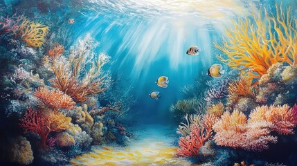 Obraz premium serene coral reef habitat in Bonaire, with radiant marine life weaving through soft coral branches, while sunlight dances on the seabed below