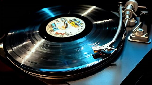 Vinyl record spinning on turntable, dark background, music listening