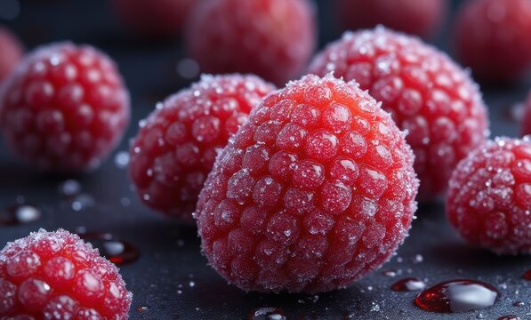 Fresh, frosted raspberries on black surface