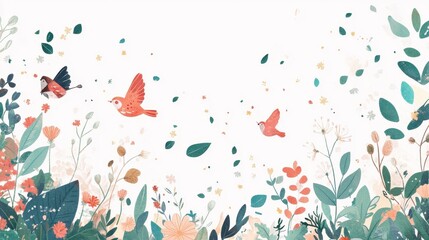 Birds Flying Above a Springtime Floral Garden