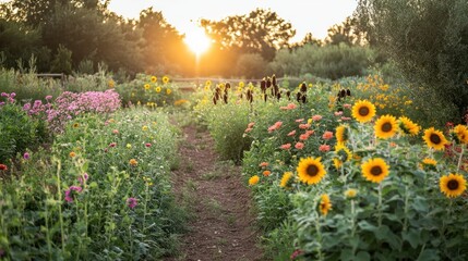 Sunset Serenity: A Walk Through a Vibrant Flower Garden