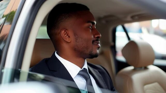 Young black man in business attire sitting inside the back seat of his white SUV, smiling at the camera.