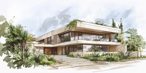Modern Two Story House Architectural Design Sketch