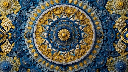 Obraz premium Intricate Floral Mandala Design in Blue and Gold Hues