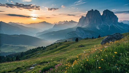 Majestic Mountain Sunrise Over Misty Valleys and Snow Peaks V8