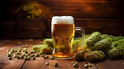 Close up of a pint of craft beer with scattered hops and barley grains on a rustic wooden surface  Concept of beer brewing harvest and artisanal beverages